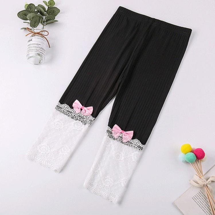 Girls' Leggings Children's Spring and Autumn Thin Lace Hollow Bow Korean Solid Color Capris Elastic Pants