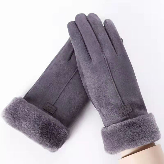 Women's Suede Gloves Winter Double Furry Gloves Warm Snowflake Embroidery Outdoor Fashion Gloves