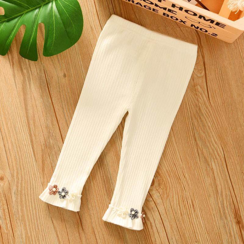 Girls' Leggings Children's Spring and Autumn Thin Flowers Ruffle Korean Cropped Trousers Stretch Pants Baby Outer Wear and Inner Wear