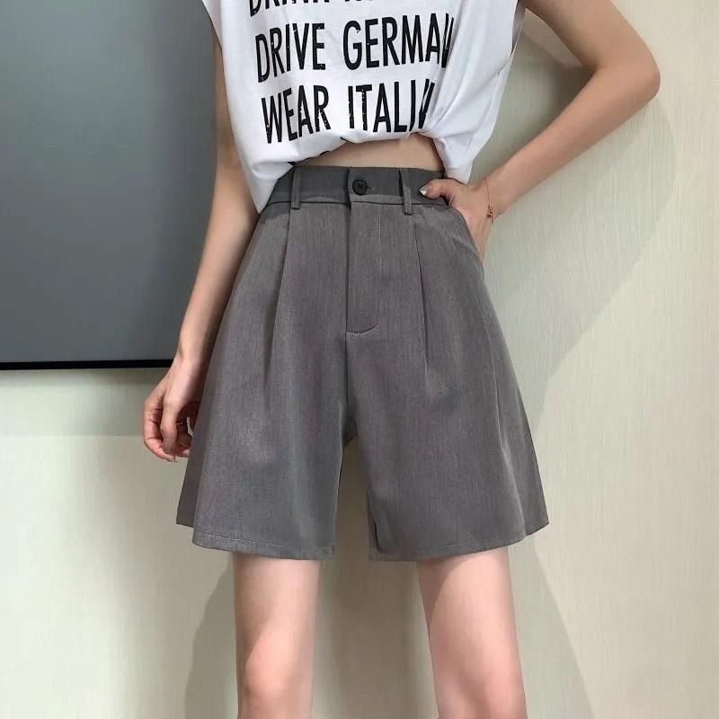 Women's Summer Straight Shorts Korean Version Drape Loose and Thin Casual High Waist Suit Wide Leg Pants Student Wide Leg Pants Elastic Waist Shorts