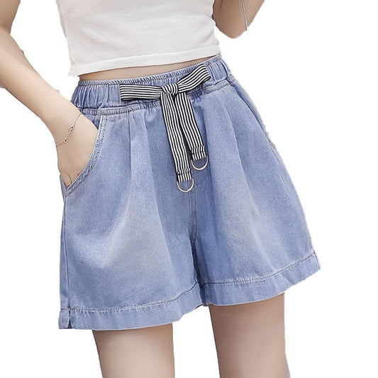 WTEMPO Big Pocket High Elastic Waist Denim Shorts Women Loose Spring and Summer Wide Leg A-line Thin Casual Jeans