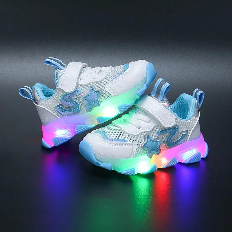 Summer Boys' Luminous Sneakers Children's Breathable Running Shoes Girls' Hollow Student Shoes