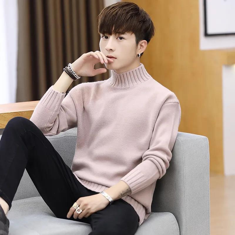 Men's Fall/winter Sweater Fashion Knit Half High Neck Solid Color Slim Bottom Pullover Sweater