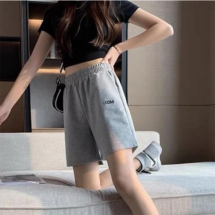 Women's Shorts Summer Letter Embroidered Sports Shorts Loose High Waist Outer Wear Straight Tube Thin Pants Wide Leg Grey Five-point Pants