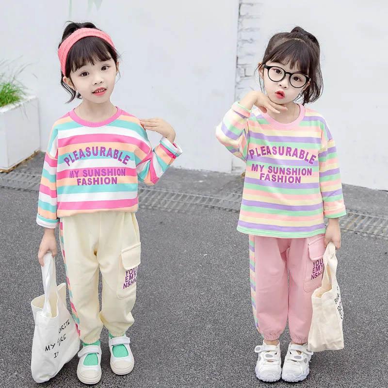 Girls Spring and Autumn Clothes Comfortable Loose Long Sleeves + Casual Pants Suits Girls Baby Color Stripes Cute Two-piece Set