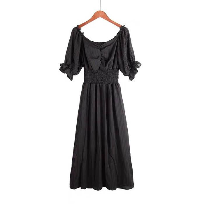 Pofulove Women Vintage Chiffon Puff Sleeve Off Shoulder Dress Sexy V-neck Short Sleeve Long Dresses