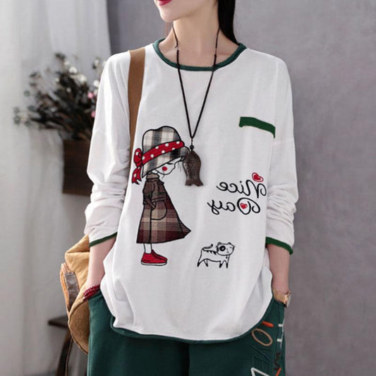 Large Size Little Girl Print T-shirt Casual Loose Pullover Ladies Long Sleeve Shirt Summer