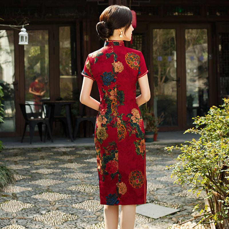 High-end Cheongsam Women's Mid-length Summer Short-sleeved Flower Luo Low Slits Retro Slim Slim Banquet Dress