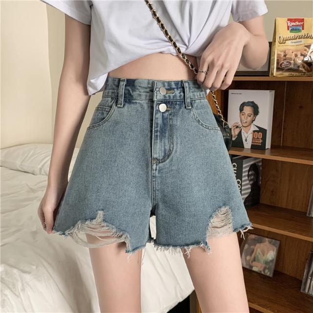 Women Summer A-line Wide Leg High Waist Thin Loose Shorts Versatile Vintage Denim Casual Streetwear Shorts