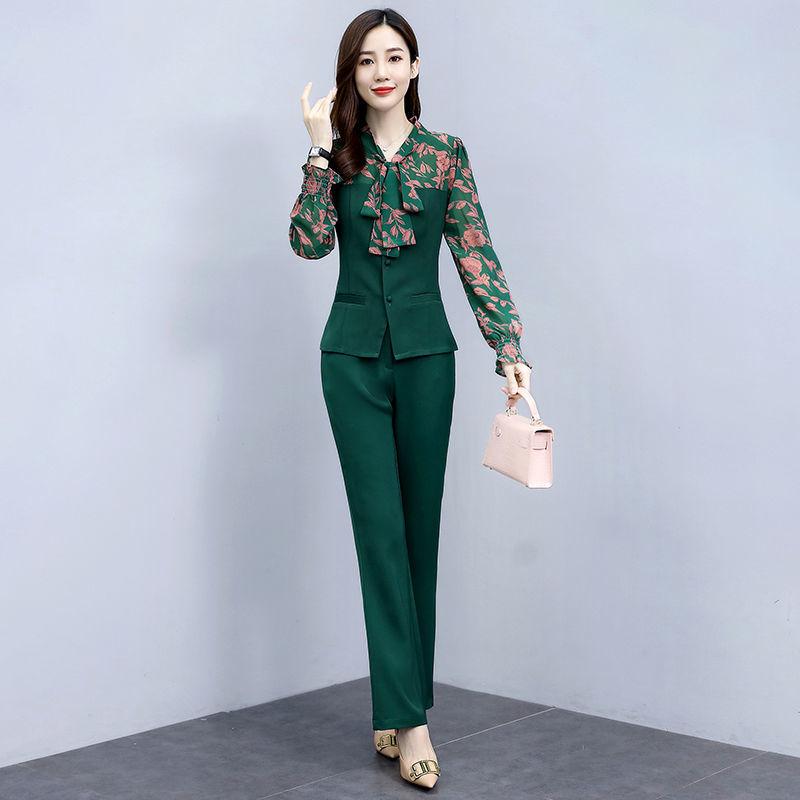 Professional Suit Temperament Was Thin Wide-leg Pants Two-piece Long-sleeved Waist Chiffon Shirt Loose Suit Pants Ladies Temperament Suit