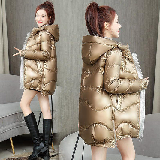 Glossy Disposable Women's Down Padded Jacket Mid-length Hooded Cotton-padded Jacket Fashionable Waist Thinner Jacket