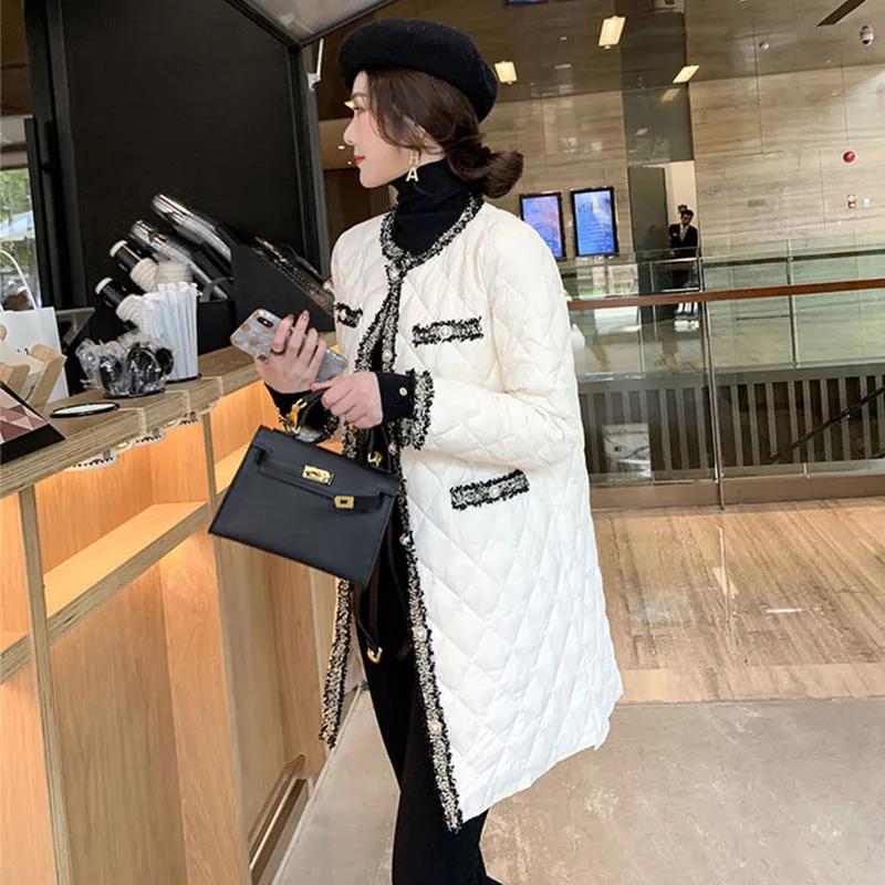 Cotton-padded Jacket Women Winter Korean Woven Diamond Lattice Light and Thin Mid-length Cotton-padded Jacket Women's Padded Jacket