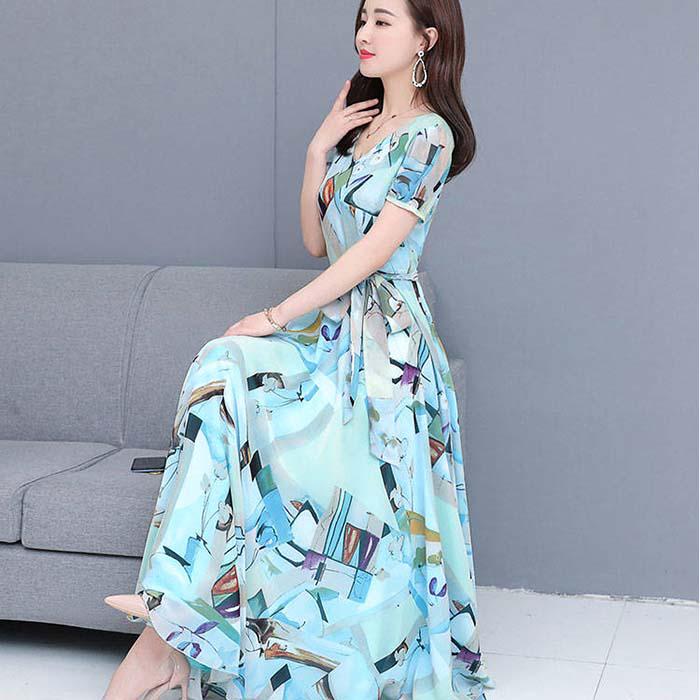 Pofulove S-4XL Women Printed Chiffon A-line Dress Slim Big Skirt Long Dress Bohemian Beach Skirt