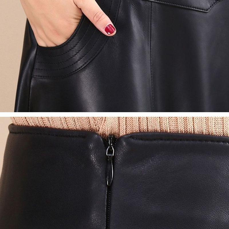 Women PU Leather Skirt Black High Waist  Pleated Skirt Slim Mid-length Plus Size A-line Skirt Autumn Winter