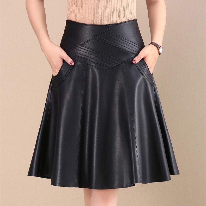 Women Spring Autumn PU Leather Skirts Lady High Waist A-line Skirt Midi Length Black Skirt Women