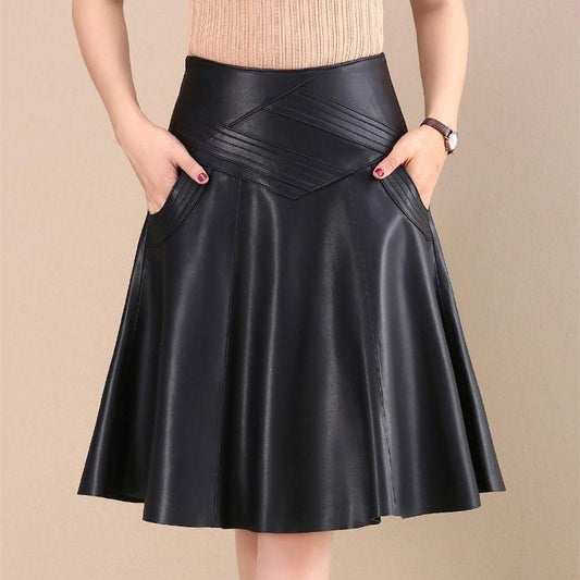 Women Spring Autumn PU Leather Skirts Lady High Waist A-line Skirt Midi Length Black Skirt Women