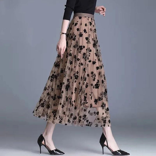 Gauze Skirt Female Floral Fairy Skirt Pleated A-line Skirt Mid-length High Waist Slimming Mesh Skirt Women's Skirt