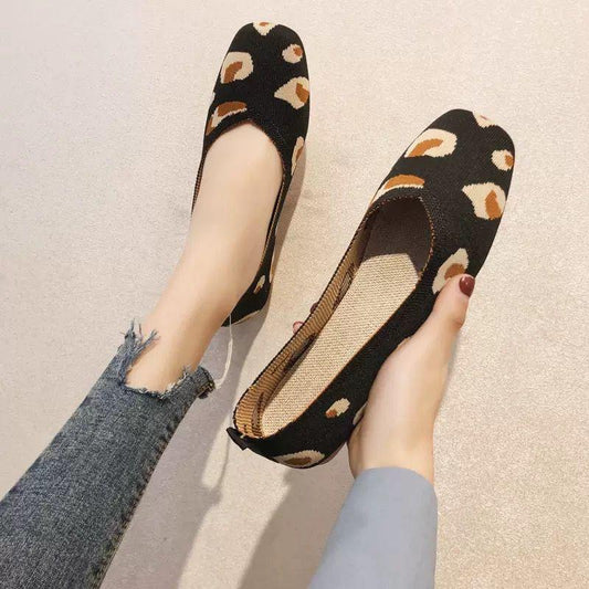 Leopard Print Knitted Shoes Knitted Flat Bottom Pointed Toe Breathable Woven Boat Shoes Soft Bottom Shallow Low Heel Single Shoes