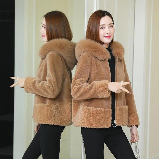 Fur Coat Female Sheep Shearing Autumn and Winter Grain Fleece Short Fox Fur Collar Hooded Fashion All-match Personality