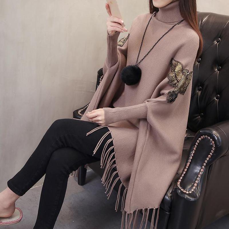 Turtleneck Fringed Sweater Women's Mid-length Korean Version of The Loose Large Size Cloak Coat Knit Bat Shirt