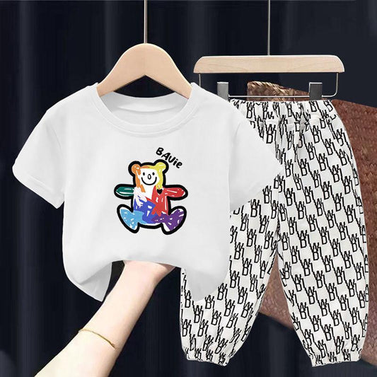 Summer Children's Short-sleeved Suit Boys T-shirts Girls Middle and Small Children Baby Cartoon Two-piece Graffiti Bear