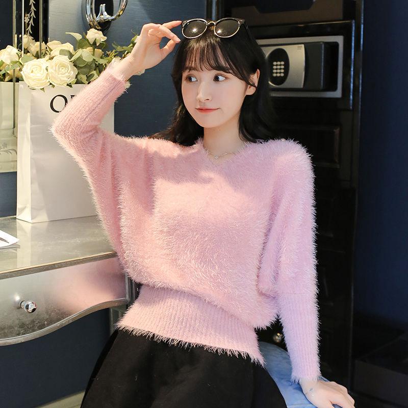 Autumn and Winter Style Plush Loose V-neck Bottoming Shirt Slim Short Sweater Women