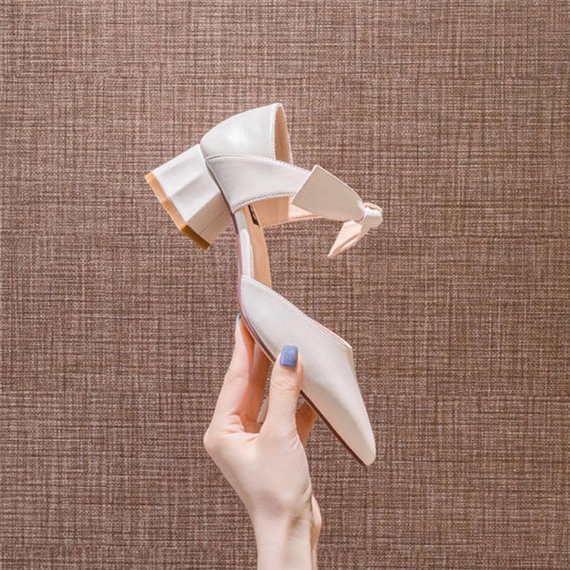 Women's Shoes Pointed Toe Hollow Bow 4.5cm High Heels Thick Heel Sexy Retro British Style High-heeled Sandals Women's High-heeled Loafers