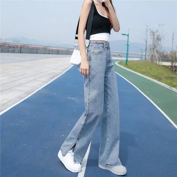 Women Spring Summer Long Jeans Vintage Wide Leg Loose High Waist Light Blue Straight Casual Denim Split Pants