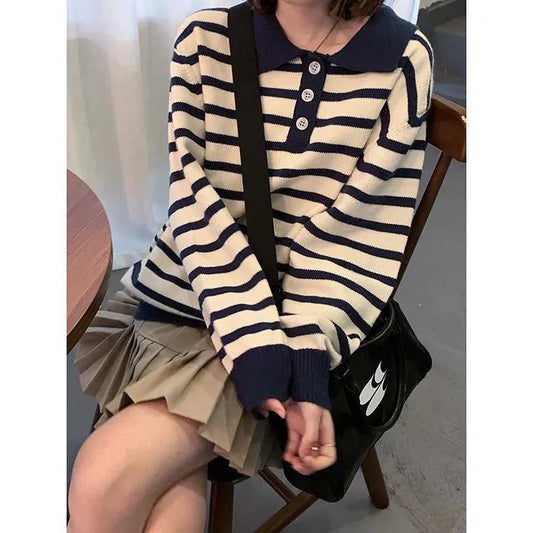 College Style Polo Collar Striped Sweater Female Student Autumn and Winter Casual Loose and Lazy Pullover Sweater Top Outer Wear