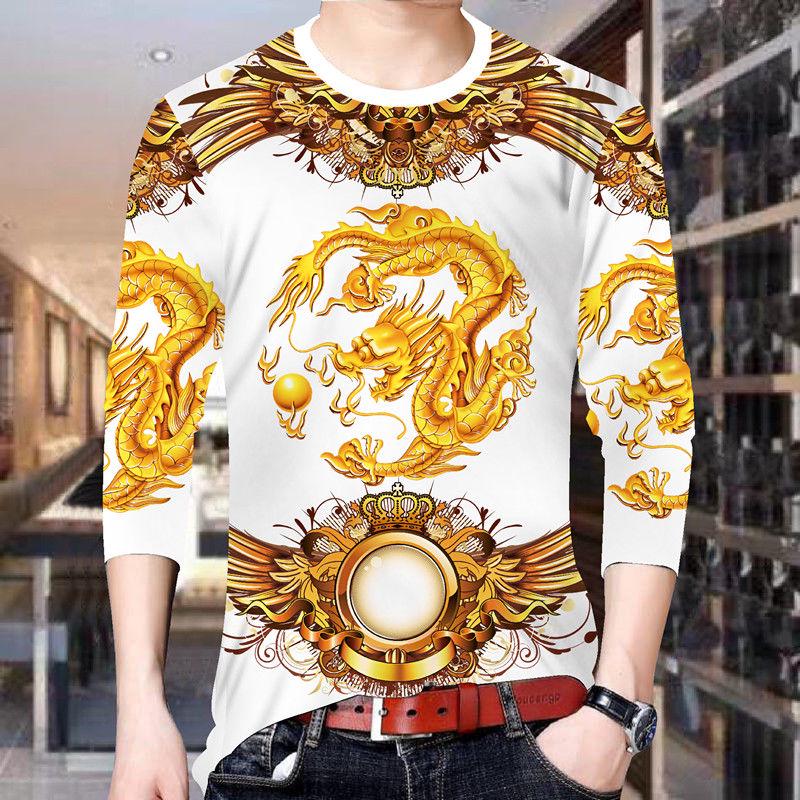 Men's tops spring and autumn men's long-sleeved T-shirt men's 3D printed round neck T-shirt