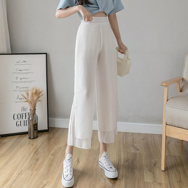 WTEMPO Solid Color Chiffon Wide-leg Pants Women Ruffle Loose High Waist Ankle-Length Pants Trousers Cool and Breathable