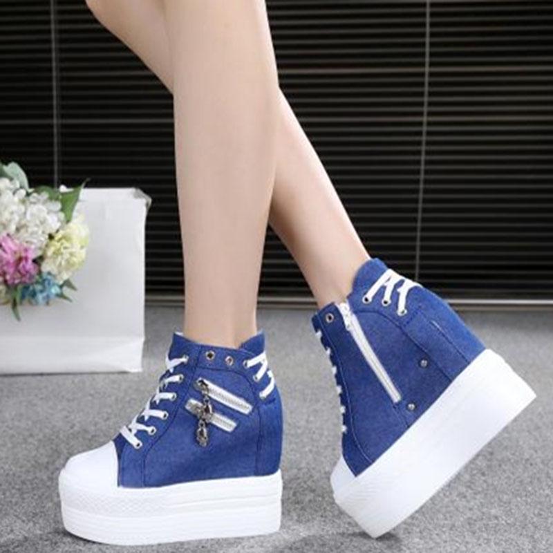 Women's  Canvas Shoes Wedges Heel Thick Bottom Increased Casual Shoes High-heeled Platform Lace Up Wedge Sneakers