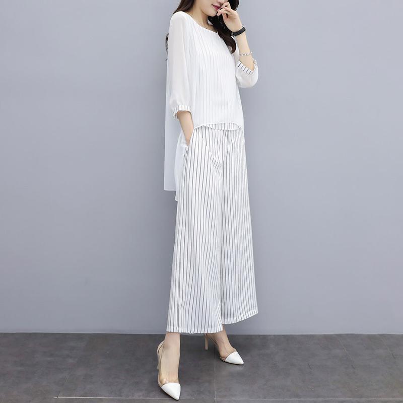 Loose Large Size Suit Covering Belly Slimming Two-piece Round Neck Shirt Loose Casual Wide-leg Pants Women Loose Slimming Chiffon Suit