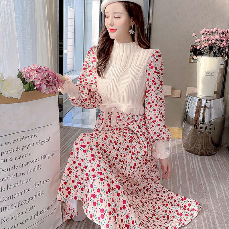 Autumn  Winter Corduroy Dress Women's Knitted Stitching Long-sleeved Long Floral Dress Sweet A-line Dress with Belt