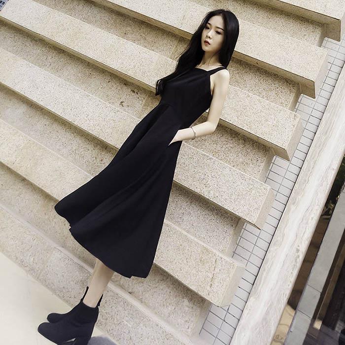 Pofulove S-3XL Women Frosty Long Black Camisole Dress Sexy Slim Sleeveless Dress A-line Dresses