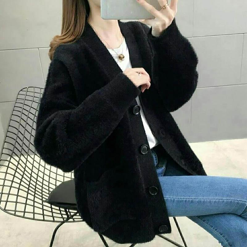 Sweater Cardigan Thickened Mid-length Spring and Autumn Loose Knit Lazy Style Jacket Women