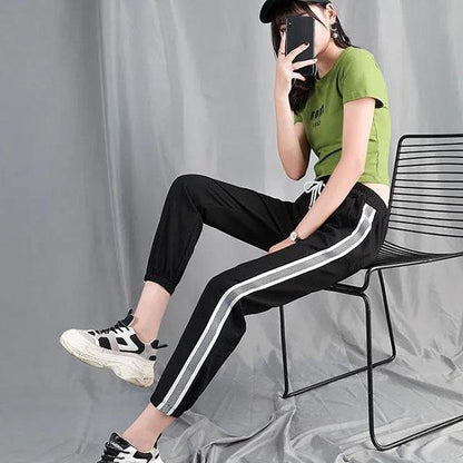 Women's Spring Summer Large Size Trousers Solid Color Elastic Waist Long Pants Slim Casual Striped Sports Pants