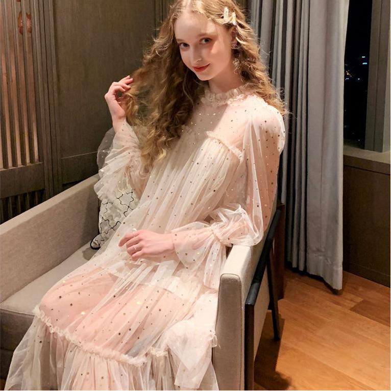 Shiny Women Dress Sequined Transparent Loose A Line Mesh Patchwork Elegant Solid Summer Dress