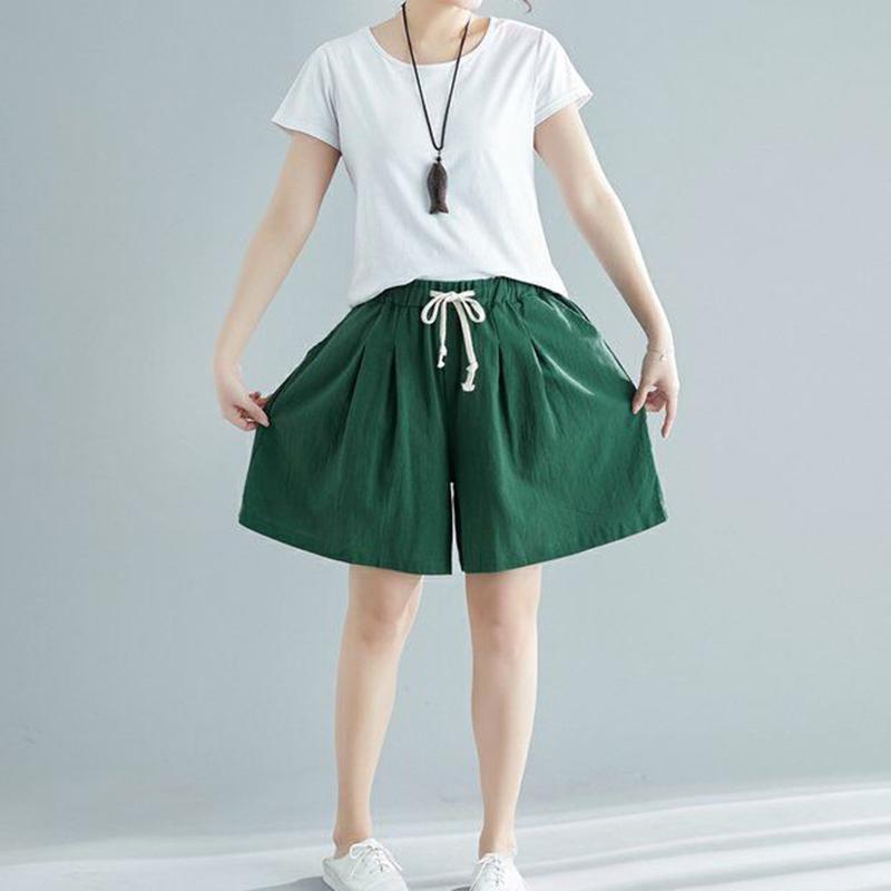 Cotton Shorts Women Loose High Waist Wide Leg Summer Straight Casual Cool Comfortable Elastic Waist Big Pocket Pure Color Simplicity