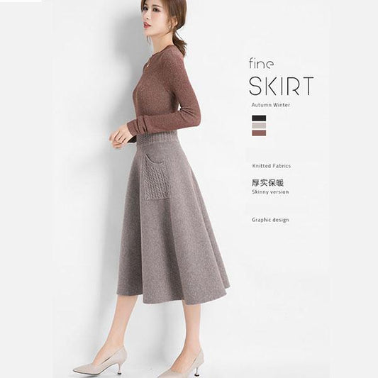 Autumn  Winter Women's Knitted Skirt Long Skirt with Pockets Thick Warm OL Stytle A-line Skirt for Women