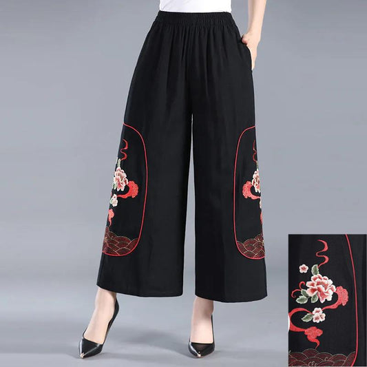 WTEMPO Embroidery Pants Women Ethnic Style Loose Elastic Waist Solid Color Casual Trousers XL-XXXXL