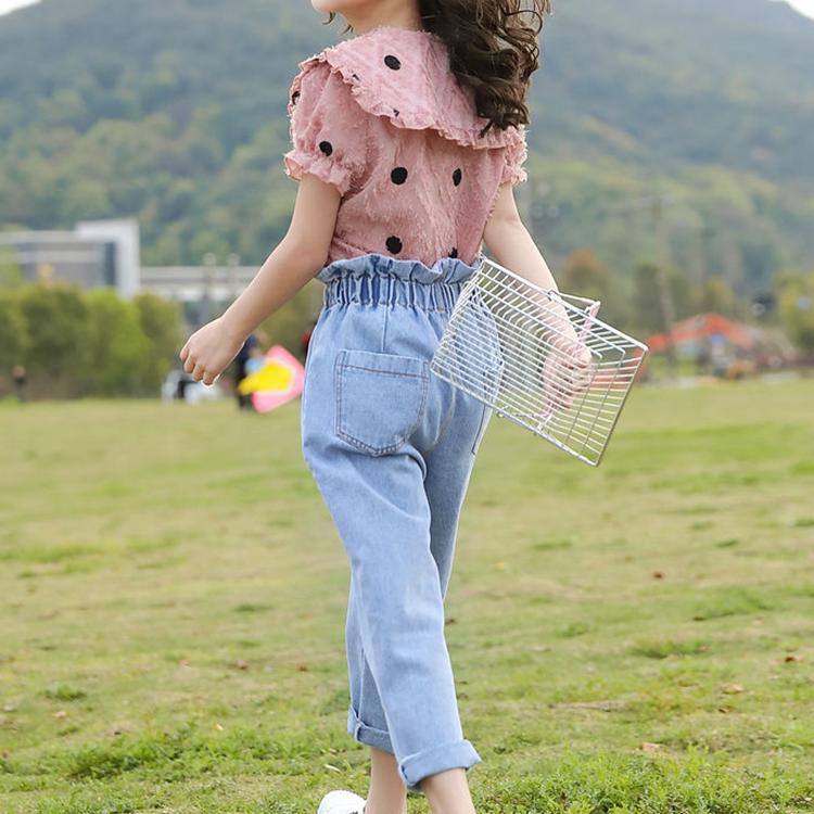 2PCS Children Clothing Set Spring Summer Girls Suits Wave Point Short Sleeve Tops + Denim Pants Clothing Set