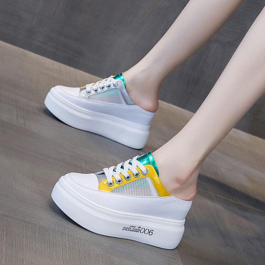 Casual High Heels Loafers Breathable Vulcanize Women Sneakers PU Round Toe Embroider Platform Wedge Tenis Feminino