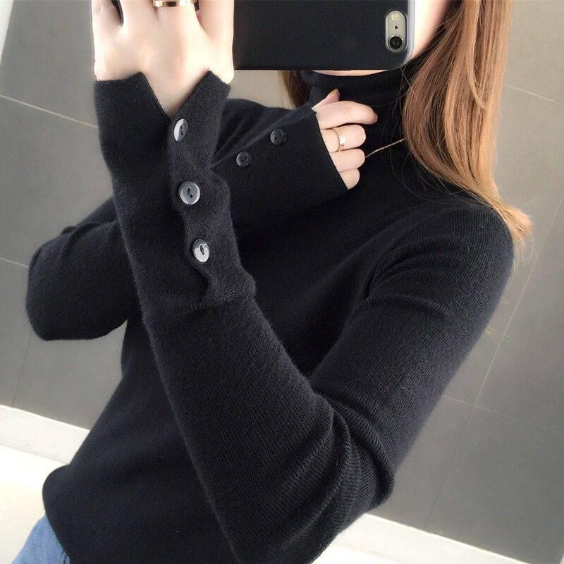 Pofulove  Turtleneck Knitted Long Sleeve Women's Spring Autumn Sweater Thin Bottoming Shirt Comfortable Softness