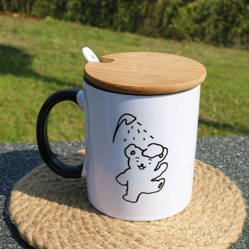 Ceramic Children's Cup Breakfast Milk Tea Cup Female Student Drinking Water Home Mug with Spoon with Lid