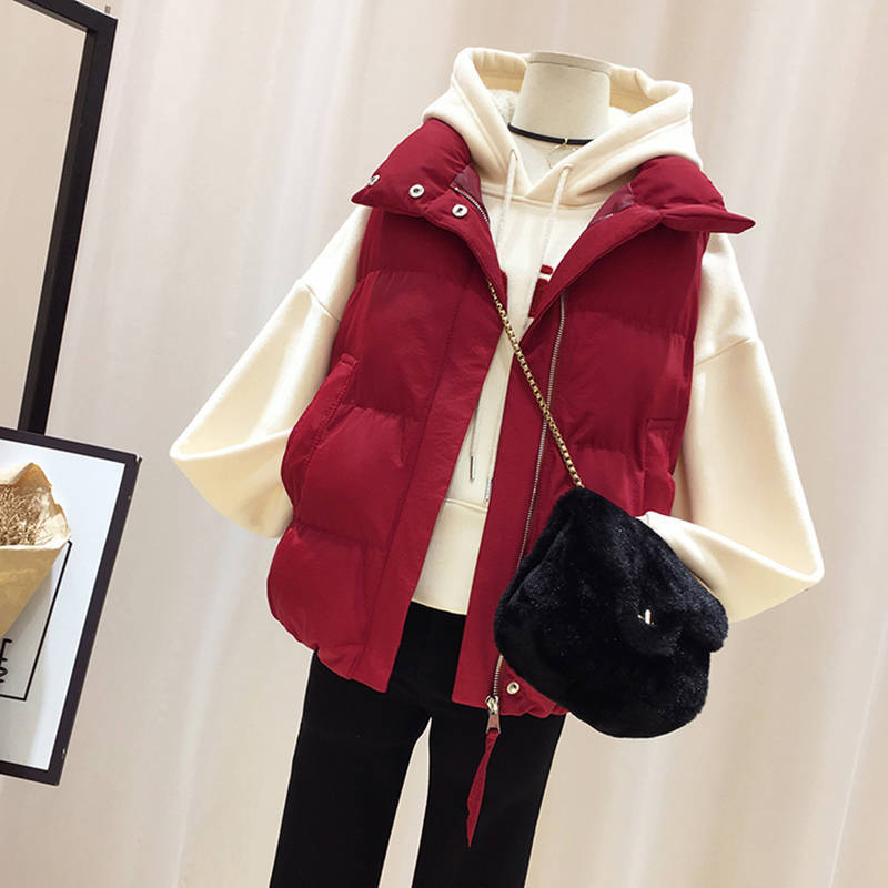 Large Size Stand-up Collar Down Padded Jacket Women's Short Autumn and Winter All-match Loose Waistcoat Waistcoat Warmth Padded Padded Jacket