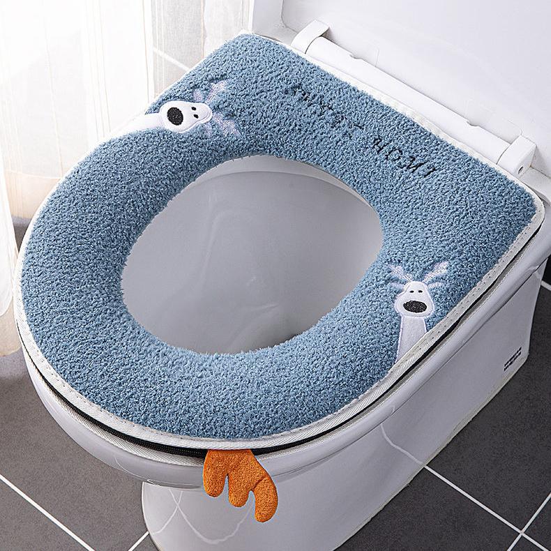 Warm Toilet Seat Covers Winter Toilet Seat Mat Soft Thickened Fleece Toilet Seat Cushion Bathroom Lavatory Pad Handle Zipper Washable Cartoon Cute