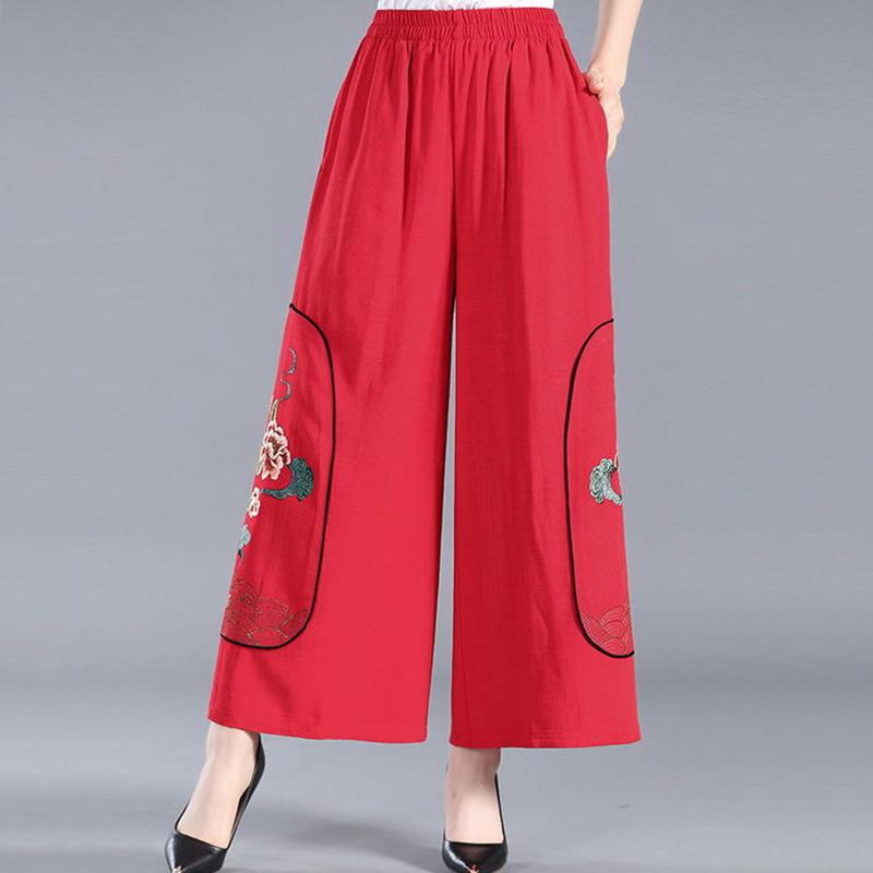 WTEMPO Embroidery Pants Women Ethnic Style Loose Elastic Waist Solid Color Casual Trousers XL-XXXXL