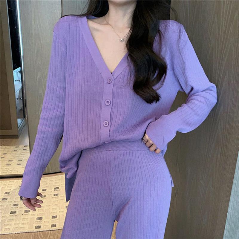 2021 Spring and Autumn Knitted Suit V-neck Cardigan Jacket + Casual Straight Wide Leg Pants Two-piece Female