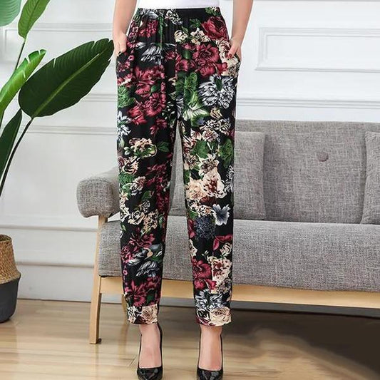 Women Summer High Waist Wide Leg Floral Printed Casual Pants Female Big Size Loose Elastic Waist Simple Thin Cropped Pants